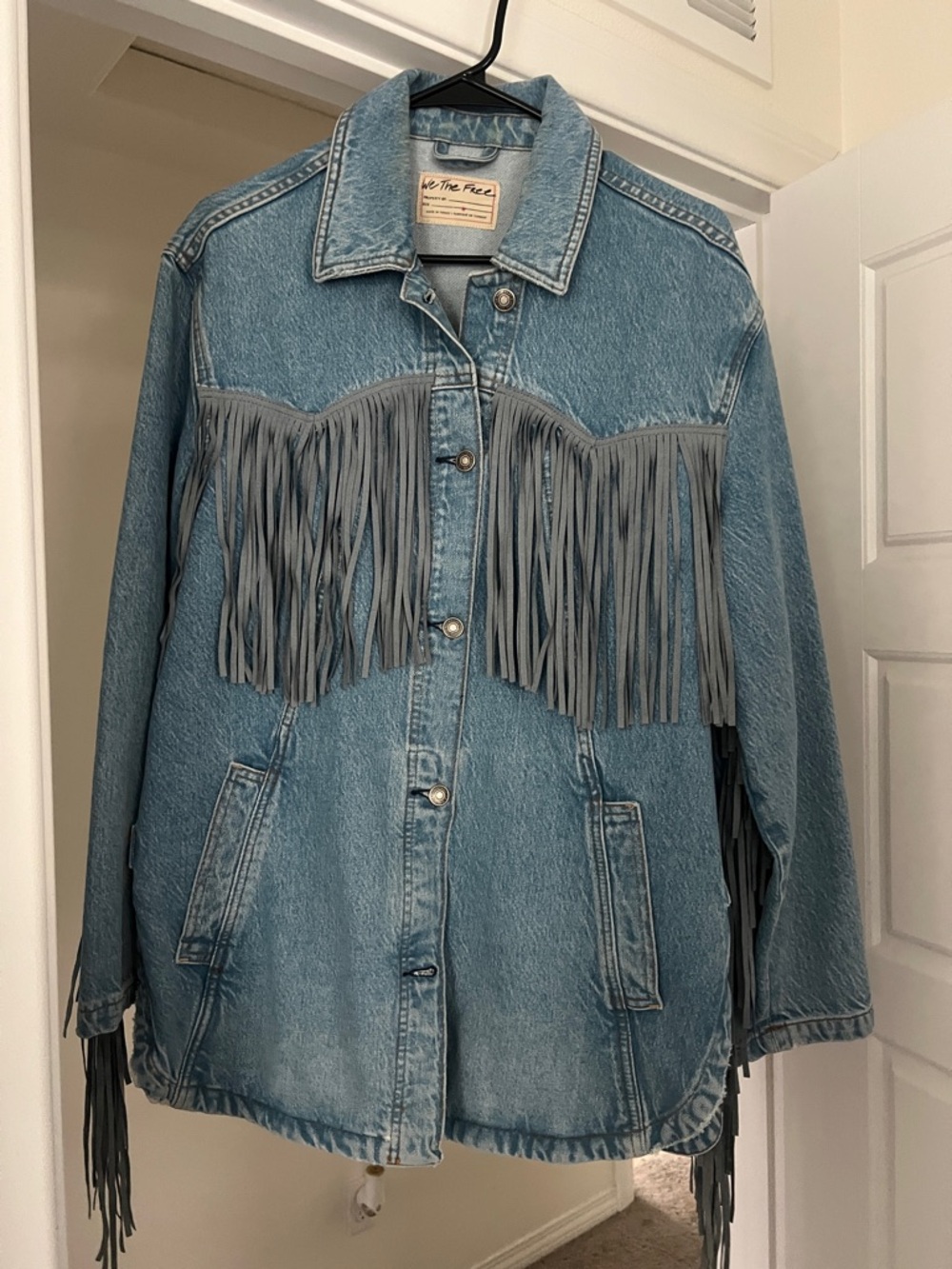 Free People Light Blue Denim Jacket with Gray Fringe